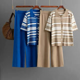 Women's Two-Piece Set Of Polo Tie Striped T-Shirt High-Waisted Broad Leg Pants Fashion