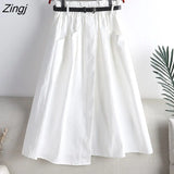 2021 Fashion Autumn Cotton Midi Skirt Women Korean Style Green Mid-Length High Waist A Line Skirt Female With