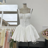 British Fashion Light Luxury Elegant Lace Side Heavy Industry Car Strip Court Strap To The Waist Solid Color Dress