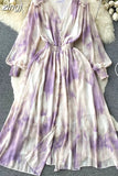 Autumn Women Printed Long Dress Elegant Blue/Purple/Pink V-Neck Lantern Sleeve High Waist A-Line Vacation Beach