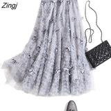 Long Tulle Midi Skirt Women Embroidery Butterfly High Waist Mesh Pleated Skrit Korean Sweet Pink Gray Tutu Skirts