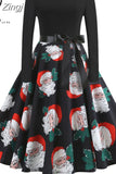 Women Christmas Long Sleeve Print Elegant Vintage Knee-length Party Dress Robe Autumn Winter Casual Xmas