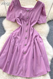Vintage Square Collar Single Breasted Mini Dress Women Elegant Short Sleeve High Waist Ruffle Patchwork Casual