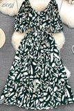 Women Printed Long Dress Vintage V-Neck Puff Short Sleeve A-Line Slim Vestidose Female Elegant Casual Robe New