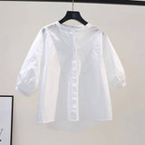 Lantern Sleeve Cotton Shirt Women Loose Design Casual Shirt 2025 Summer Art Light Blue