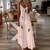 Zingj And Summer New Sleeveless Slim Feather Print Low Breast V Collar Sling Large Hem Skirt Women's Dress-Outfit
