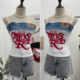 Letter-Print Spliced Denim Sling Vest Repair Outside The Hot Babes Bumpy Short Sleeveless Top