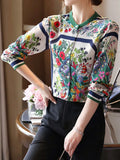 Womens Shirts Chiffon Floral Shirts Stand-up Collar Long-sleeve Blouse Women Elegant Button Up Shirt Fashion Ladies
