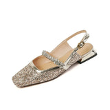 Diamond Sequin Crystal Shoes Small Square Head Mary Jane Head Sandal Women Simple Thick Heel Empty Single Shoes