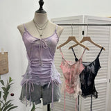 Shooting Millennium Spice Girls Heavy Industry Lace Stitching Print Beaded Sling Vest Strapped Short Sleeveless Top