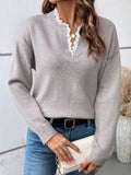 2025 New Fashion Lace V-Neck Sweater Solid Color Loose Long-Sleeved Knitwear