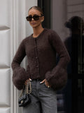 Retro Plush Horn Sleeve Sleeve Sleeve Shirt Single Buckle Embellishing White Brown Autumn And Winter Vintage Style