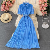 Vintage Polka Dot Pleated Long Dress Women Blue/Red/Purple Draped Vestidos Casual Female High Waist Big Swing Robe