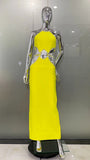 Sexy Hollow Water Drill Wrapped Side Hanging Neck Lemon Yellow Dress Stylish Hot Holiday Party