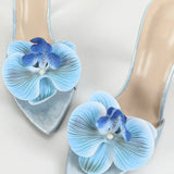 Women's Three-Dimensional Orchid High-Heeled Sandals Handmade French Fairy-Flush Silk And Sati Fabric Fine High Heel