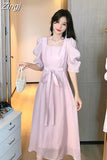 Sexy Casual Bow Square Collar Short Puff Sleeve Evening Midi Dresses for Women 2023 Summer New Maxi Dress Elegant