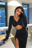 Elegant Solid Black Women's Two Pieces Sets Long Sleeves Crop Top+ High Waist Side Slit Skirts Matching Streetwear