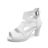 High-Heeled Sandals Women 2025 Summer New White Fish Mouth Hollow Sandals With Leather Face Coarse