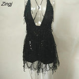 Glitter Sequined Sexy Women Party Dress Sleeveless V Neck Backless Double Layer Club Wear Female Shiny Solid