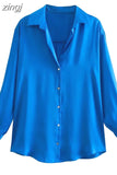 Women Lapel Solid Elegant Satin Shirt Blouses 2023 Vintage Long Sleeve Loose Button Up Female Single Breasted Shirts Tops