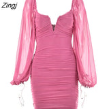 Backless Pleated Dress Women New Year 2023 Elegant Casual Solid Double Layer Mesh Mini Evening Dresses Female