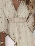 Lace Mini Dress Women Three Quarter Sleeve Dress Female V Neck Patchwork Lace Up Dress Ladies Vacation Beach