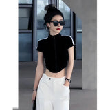 Striped Zipper Short-Sleeved T-Shirt For Girls Summer Design With Slimy Hottie Short-Term Umbilly