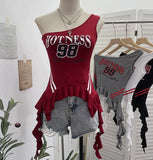 Shooting Retro Jersey Vest Letter Print Oblique Shoulder Hottie Wearing Lotus Edge Ribbon Ribbon Short Top