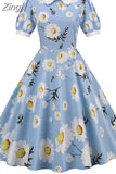 Women Vintage Dress Floral Print Peter pan Collar Elegant Party Dress Puff Short Sleeve Pin Up 50s Party Sundress
