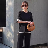 Fashion Suit Temperament Bumpy Open Fork Short-Sleeved Knit Shirt High Waist Thin Leg Trousers Two
