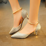 Pointed toe Pearl High heels shoes Female Fashion hollow with Sandals Paillette of the Thin Breathable shoes Women