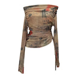 Graffiti-Printed Shoulder-Threin Mesh Long-Sleeved Blouse Side Drawstring Tethered With Slime T-Shirt