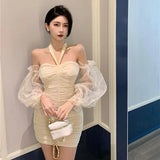 Puff Sleeve Dress Women Slash Neck Tunic Mini Vestidos Solid Party Slim New Arrival Chic Elegant French Ladies Hot