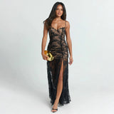Sexy Lace Splicing Chest-Shaped Folding Sling Dress With Hottie Open Fork Mesh