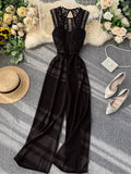 Women Hollow Out Lace Romper Female Black/Yellow/Red Round Neck Sleeveless High Waist Patchwork Wide Leg Jumpsuits