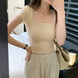 Square Collar Design Small Solid Color T-Shirt Women's Short Sleeves Show Thin Exposed Collarbone Short Style Sweet Hot Style
