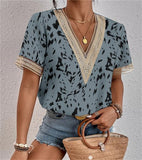 Women's Dress V-Neck Lace Loose Top Commuter Short-Sleeved Shirt Women Splicing