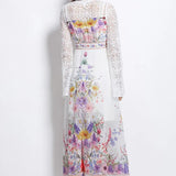 Holiday Style Dress Women's Spring Court Deep V-Neck Lace Horn Sleeve Single Buckle Print