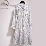 Women Floral Chiffon Dress Autumn Winter Long Sleeve Elastic Waist Bow Collar Casual Elegant Party Office Dresses