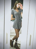 Women's Temperament Lattice V-Neck Thin Buckle Short Sleeve A-Character Dress Short