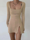 Elegant Square Neck Ribbed Black Dress Female Knitted Side Split Bodycon Dress Long Sleeve Fashion Mini Dresses