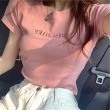 Zingj 2024 New Korean Letter Embroidered Slim Short-Sleeve T-Shirt Women's