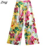 Women Vintage Ink Painting Floral Print Casual Wide Leg Pants Female Chic Zipper Fly Long Trousers Pantalones Mujer