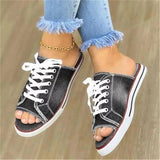 Spring And Summer Fish Mouth Denim Cloth With Casual Flat Bottom Lady Cool Slippers Large Size With Slippers