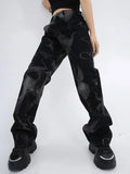 Tie-Dyed High Waist Women Jeans Vintage Korean Fashion Streetwear Wide Leg Jean Female Denim Trouser Straight Baggy
