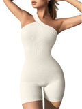 Women Sports Rompers Ribbed Biker Shorts Solid Color Irregular Strap Jumpsuits Workout Fitness Bodycon Playsuits