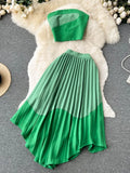 Women Sexy Pleated Two Piece Set Vacation Beach Hit Color Strapless Tops Camis + High Waist Irregular Draped Skirt