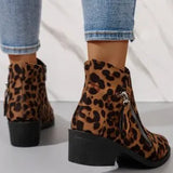 New Velvet Female Boots Martin Boots Coarse Heel Side Zipper With Leopard-Print Short