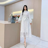 Style Dress Woman 2025 New Heavy Industry Embroidery Hollow Flower Buckle Repair In The Long Bubble Sleeve