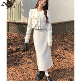 Winter White Short Tweed Jacket Women Elegant Pockets Chic Casual Coat Female Single-breasted Fashion Korean Slim Sweet